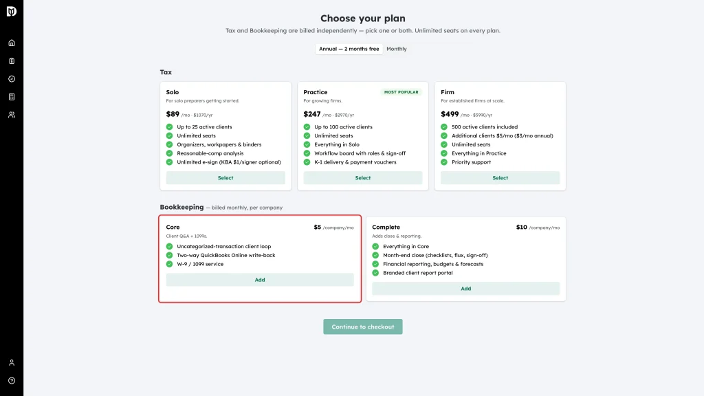 The Core bookkeeping card and its feature list