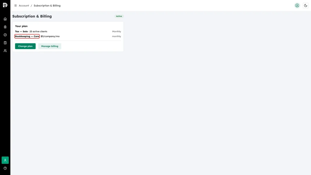 The bookkeeping line on the Your plan card, naming the package and per-company price