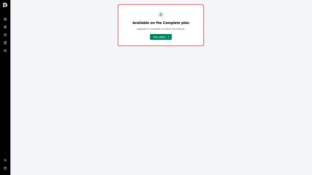 The Available on the Complete plan panel shown in place of a reporting page