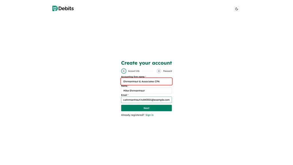 The Accounting firm name field on the first sign-up step