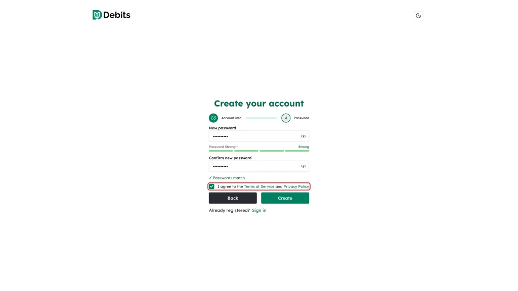 The Terms of Service and Privacy Policy checkbox on the password step
