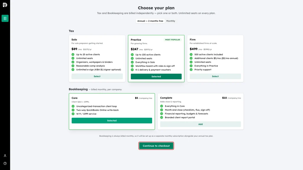 The Continue to checkout button below the plan cards