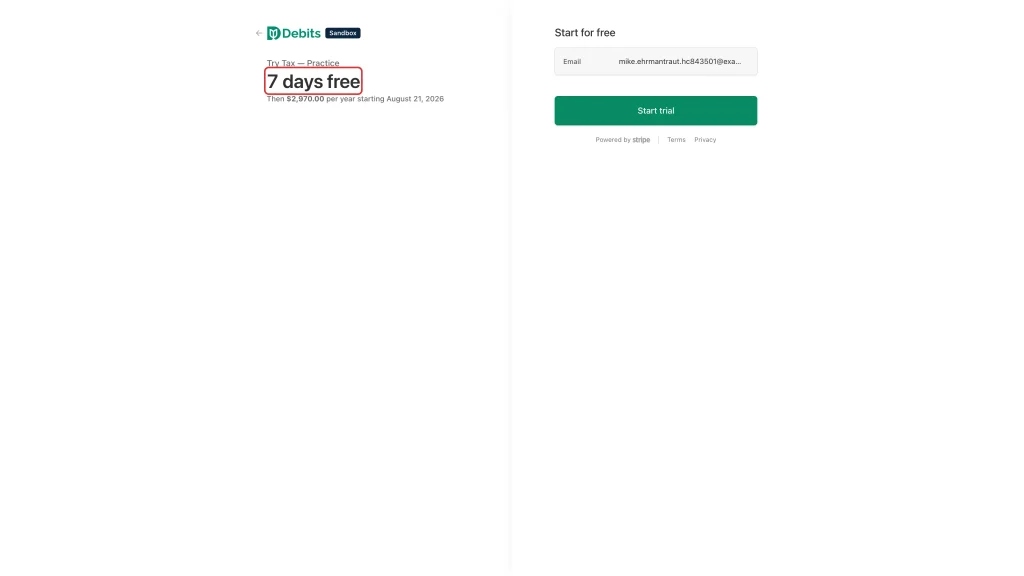 The 7 days free line on the Stripe checkout summary