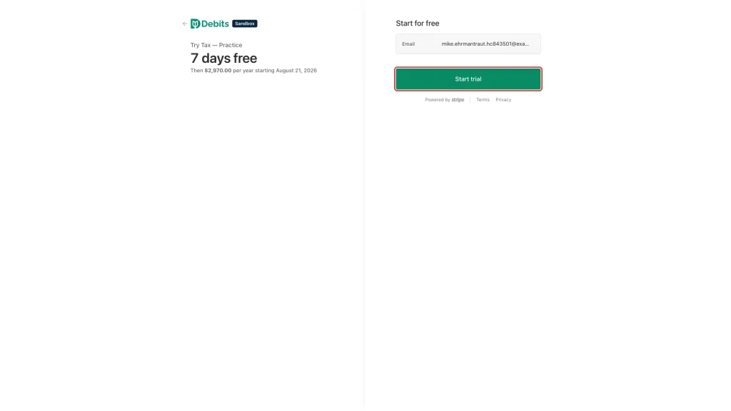 The Start trial button on the Stripe checkout page