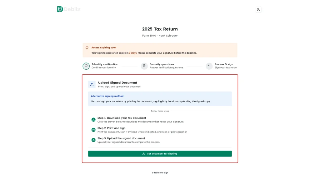 The Upload Signed Document card highlighted on the signing page, showing the alternative signing method notice and its three steps