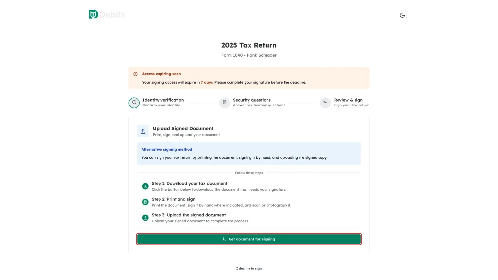 The Get document for signing button highlighted at the bottom of the Upload Signed Document card