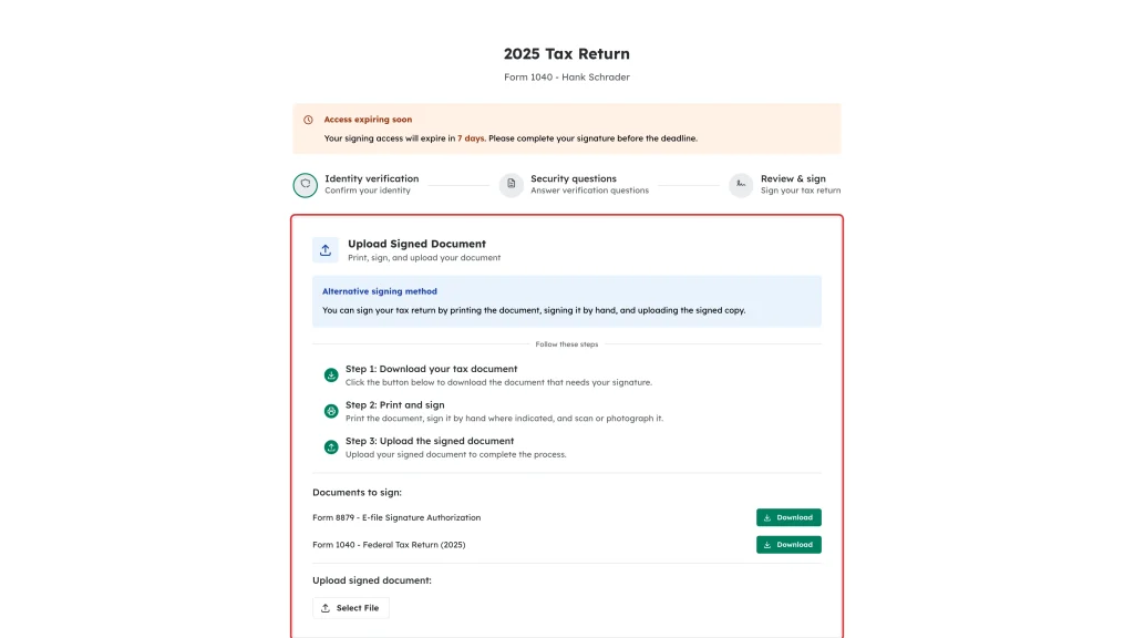 The Documents to sign list highlighted with a Download button beside each document