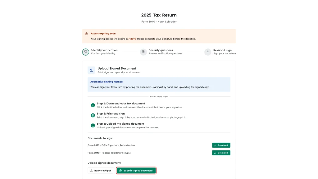 The Submit signed document button highlighted next to the chosen file name