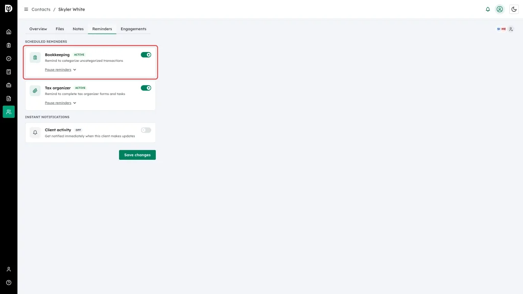 The Bookkeeping reminder card highlighted, showing its status badge and on/off switch
