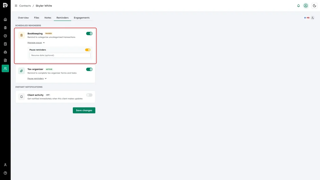 The Bookkeeping card highlighted with the pause section expanded: Paused badge, pause switch on, and the Resume date field
