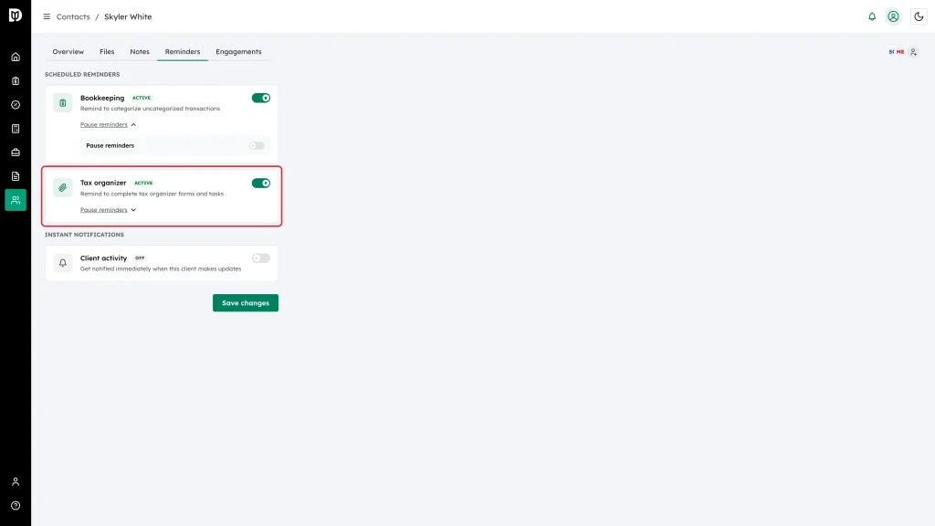The Tax organizer reminder card highlighted with its Active badge, switch, and pause link