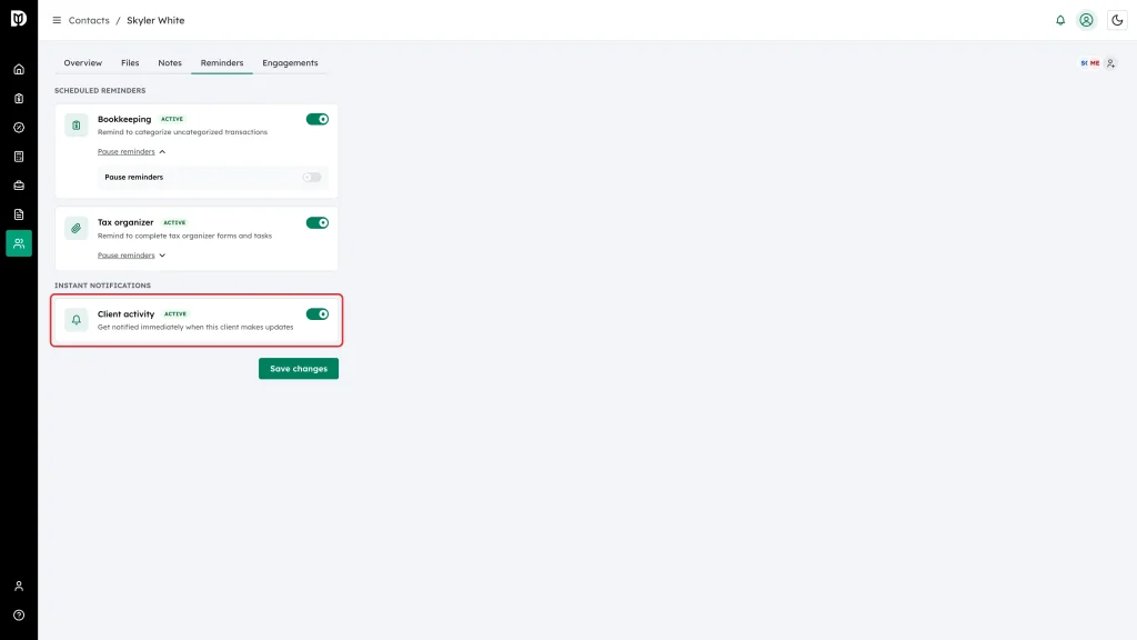The Client activity card highlighted under Instant Notifications, with its switch turned on