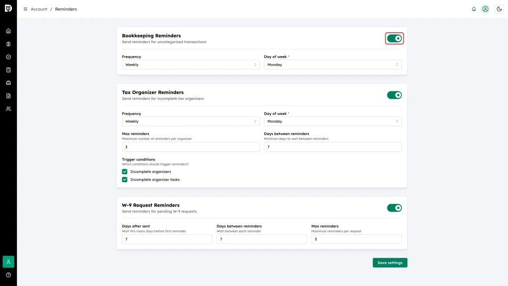 The Bookkeeping Reminders on/off switch highlighted