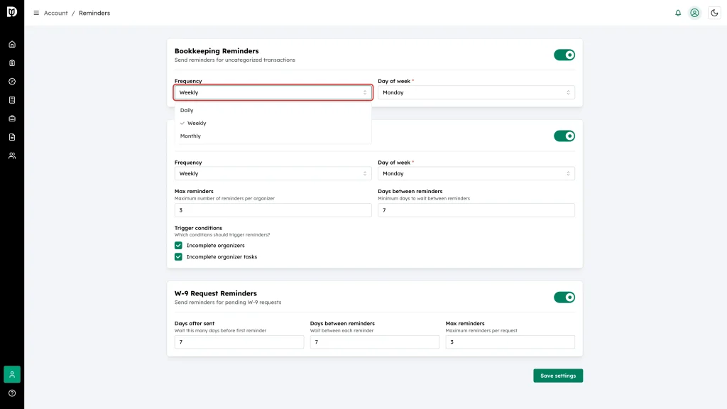 The Frequency dropdown highlighted, open with Daily, Weekly, and Monthly options