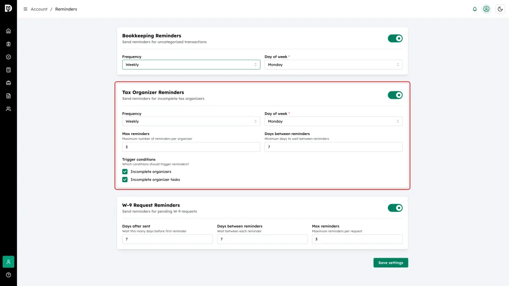 The Tax Organizer Reminders card highlighted, showing frequency, max reminders, days between, and trigger conditions