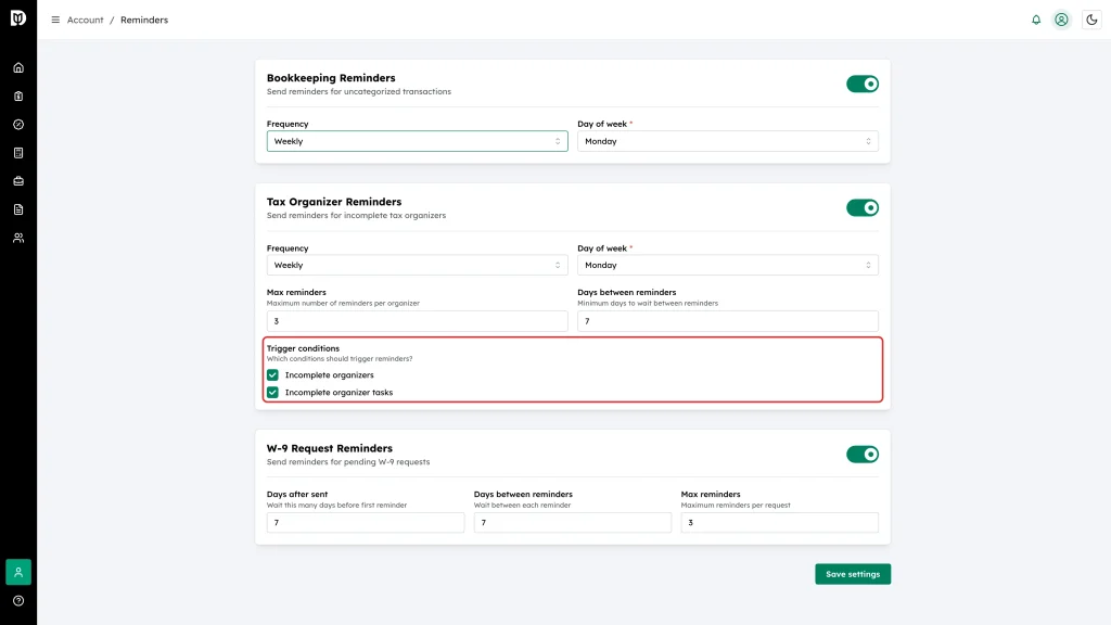 The Trigger conditions checkboxes highlighted inside the Tax Organizer Reminders card