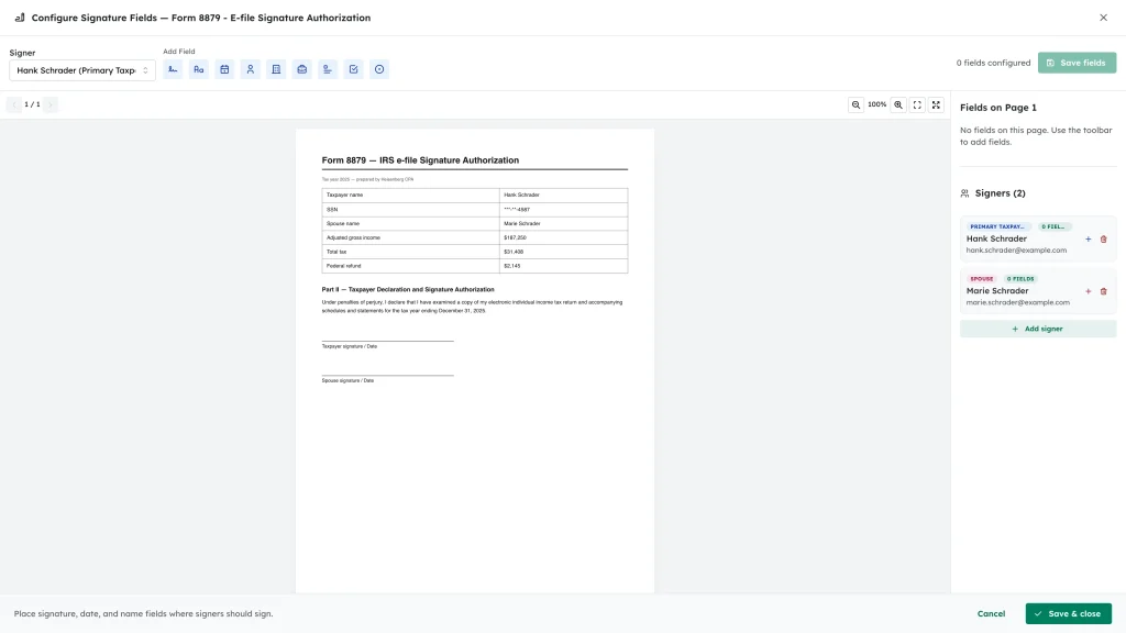 The signature field editor with the Signer selector, Add Field toolbar, page area and Fields and Signers panels