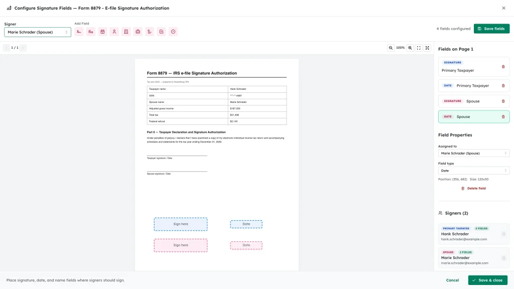 The Signer selector highlighted, with colour-coded Sign here and Date fields placed for two signers