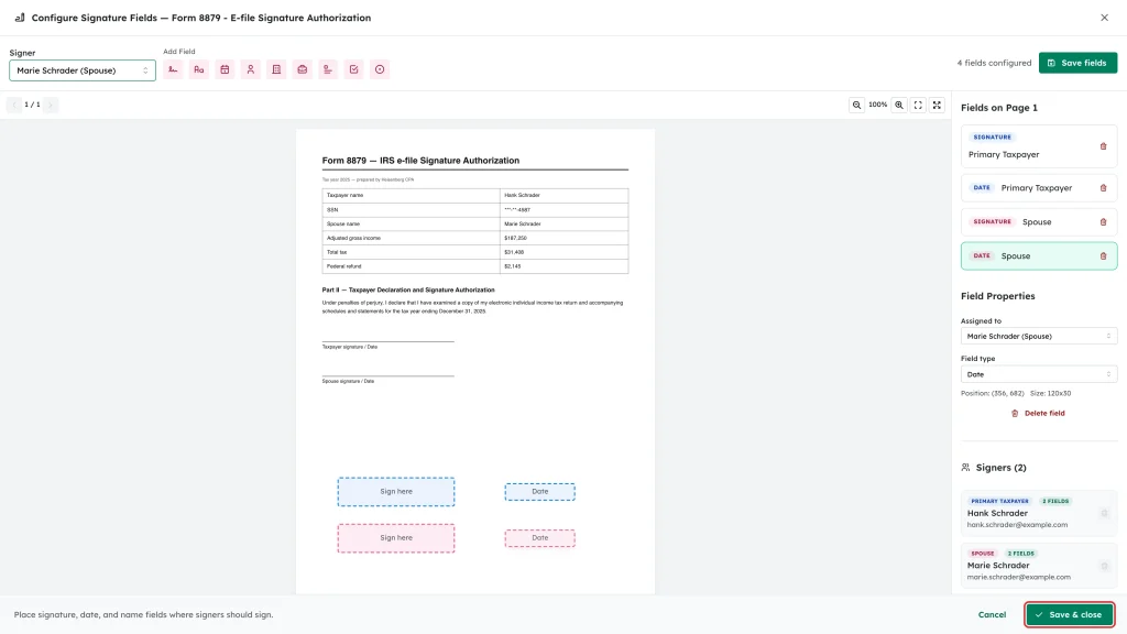 The Save & close button highlighted at the bottom right of the signature field editor