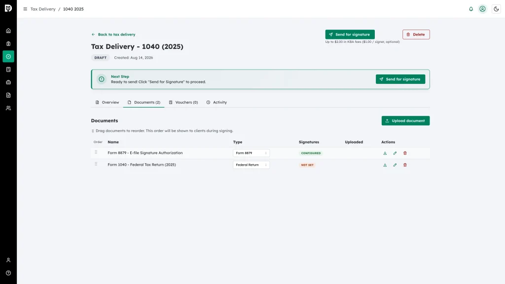 The Configured badge in the Signatures column of the documents table after saving the fields