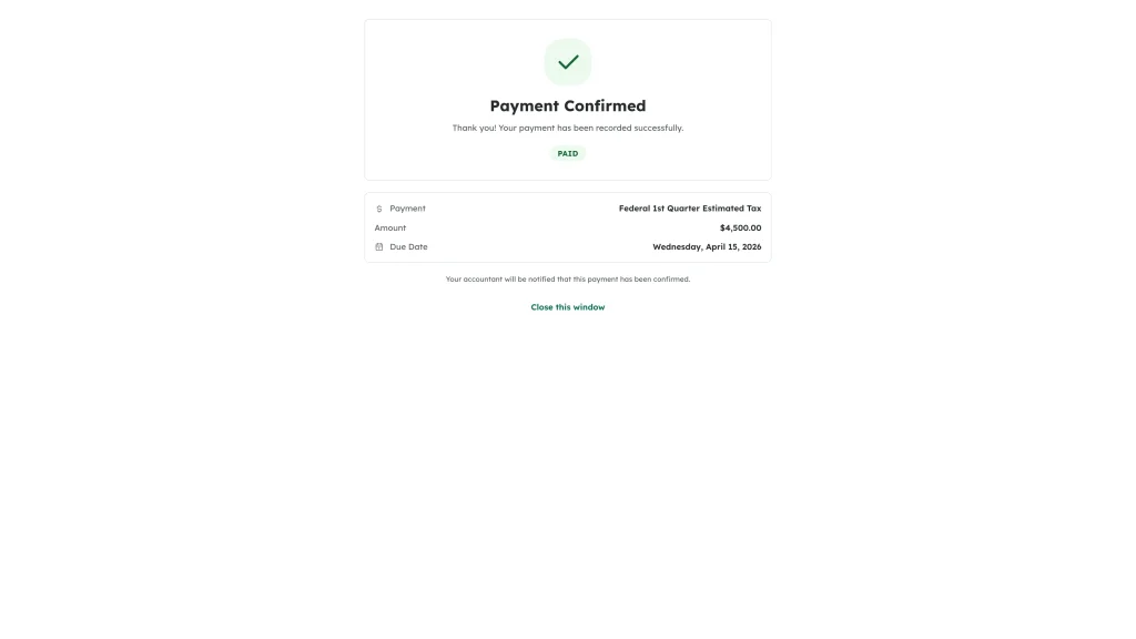 The Payment Confirmed page showing the green tick, the Paid badge and the payment details