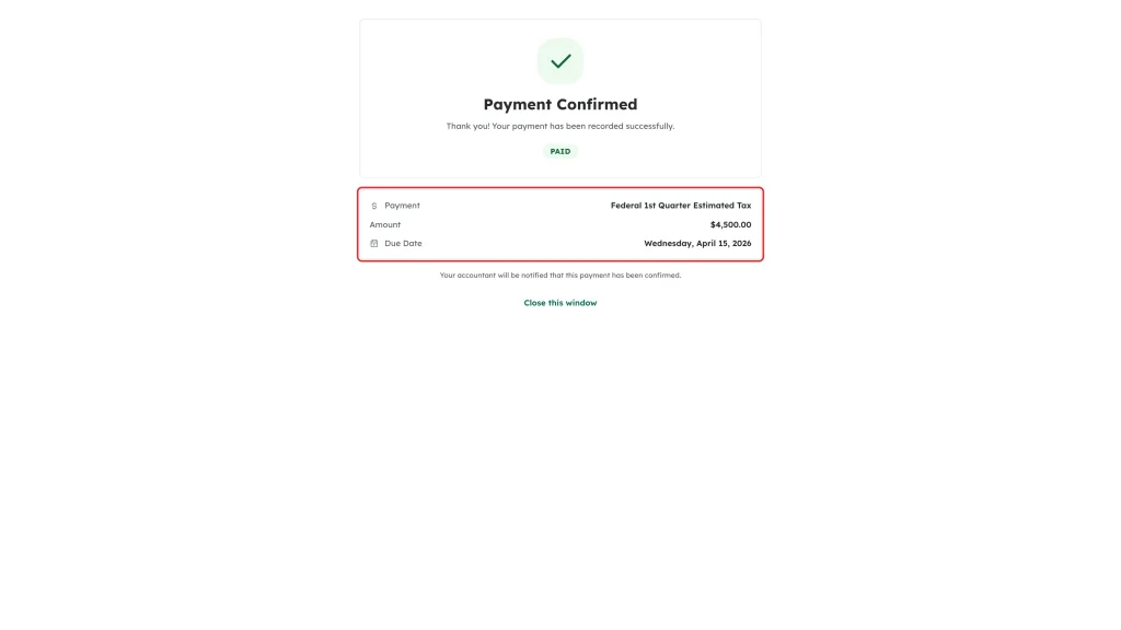 The payment details card highlighted, showing the payment name, amount and due date