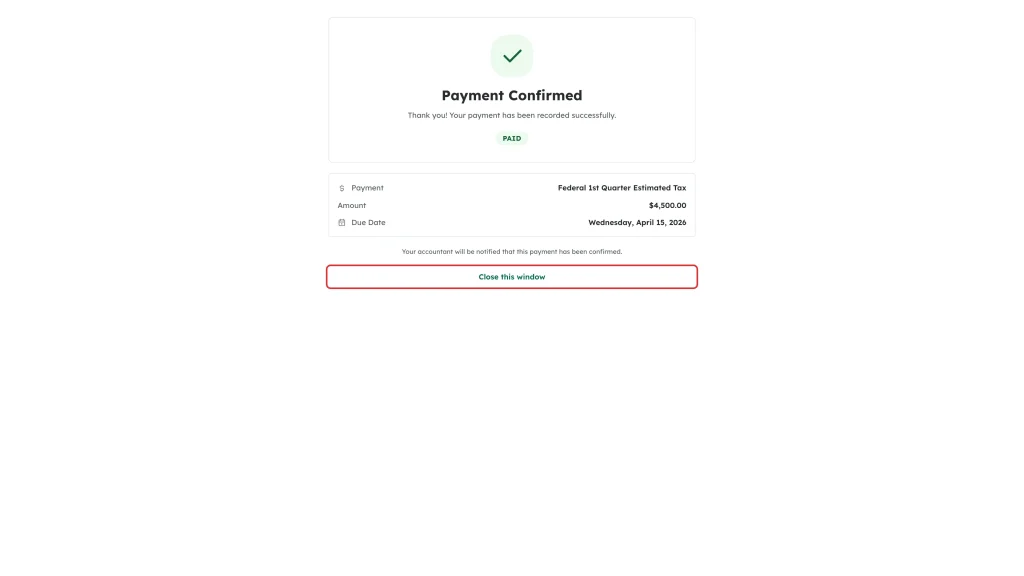 The Close this window link highlighted at the bottom of the confirmation page