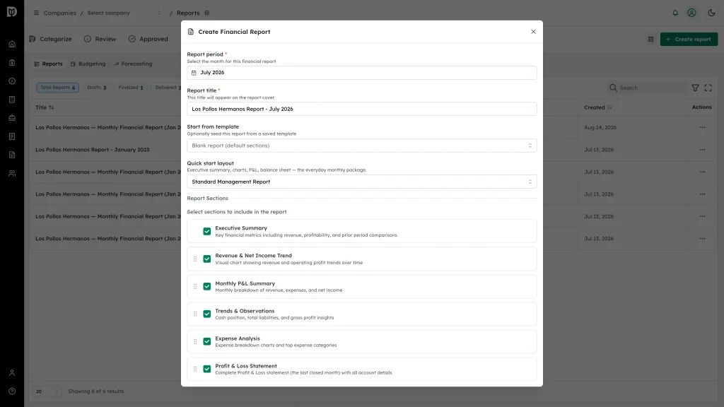 Create Financial Report window with period, title, template, layout and section list