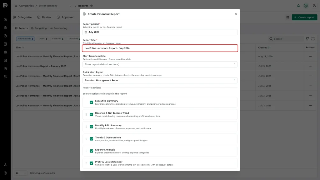 Report title field highlighted with the suggested title