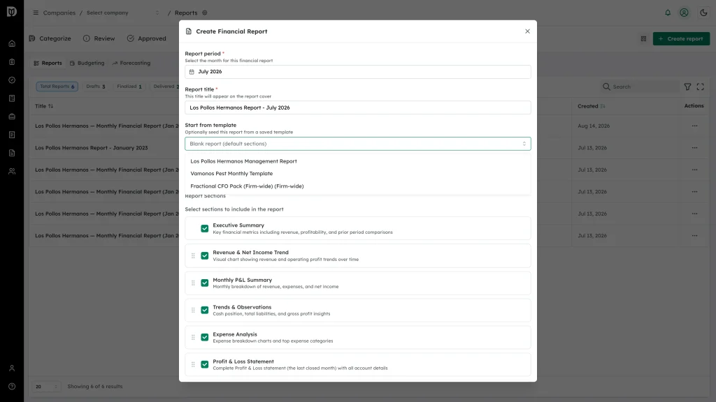 Start from template list open showing company and firm-wide templates