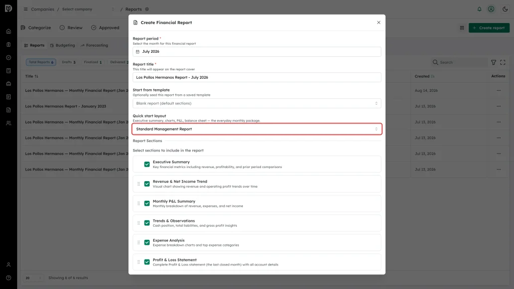 Quick start layout selector highlighted