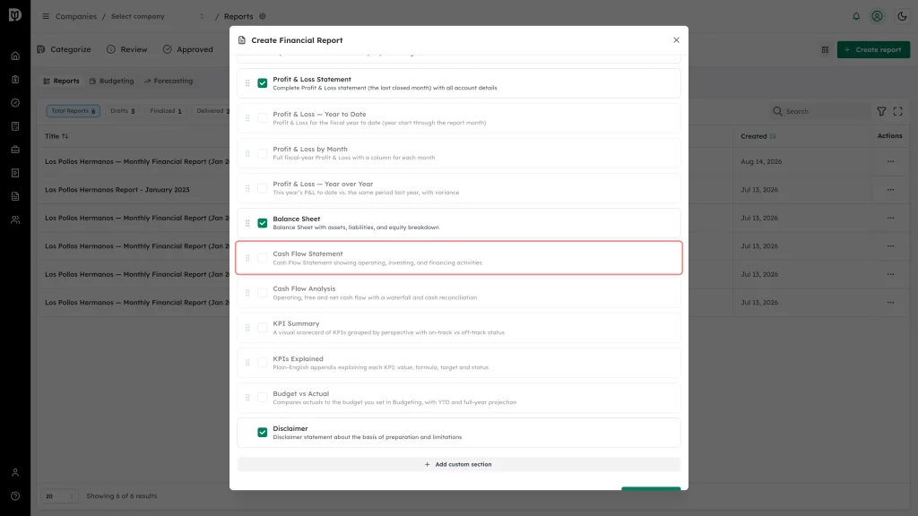 Cash Flow Statement section row highlighted in the section list
