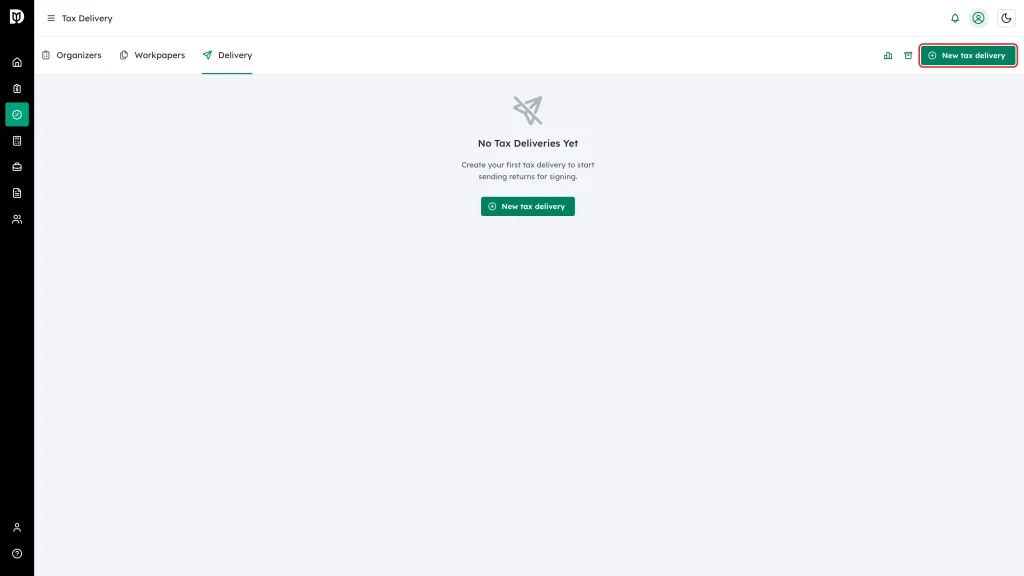 The New tax delivery button highlighted at the top right of the Delivery tab