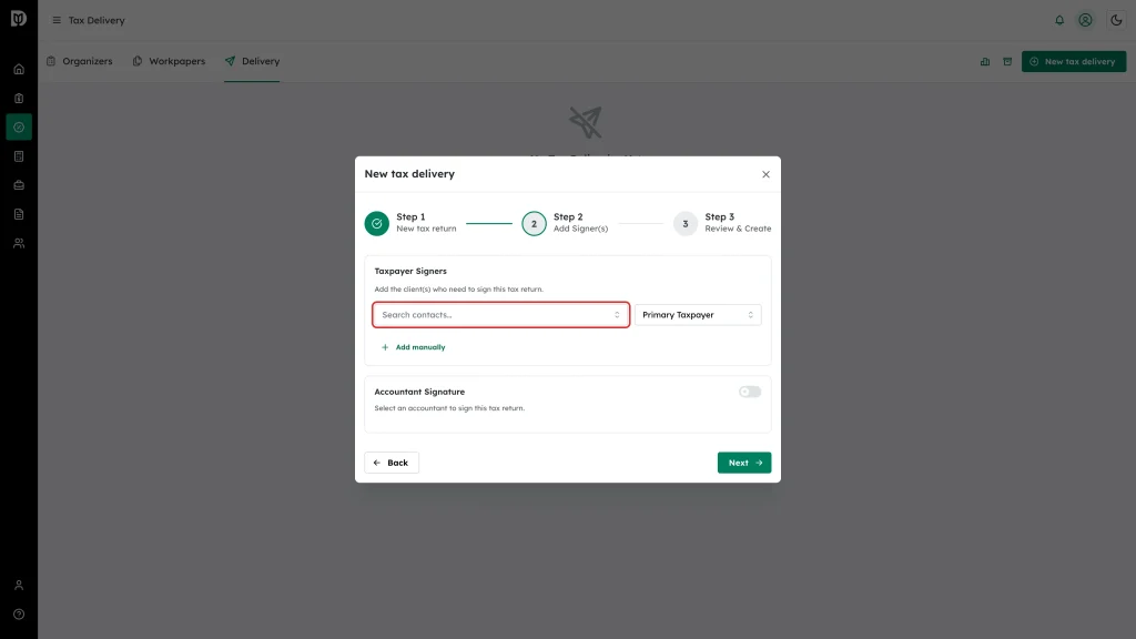 The Search contacts field highlighted next to the signer role dropdown