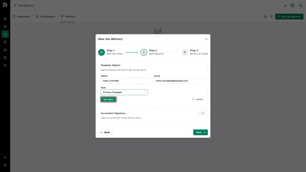 The Add signer button highlighted below the manual Name, Email and Role fields