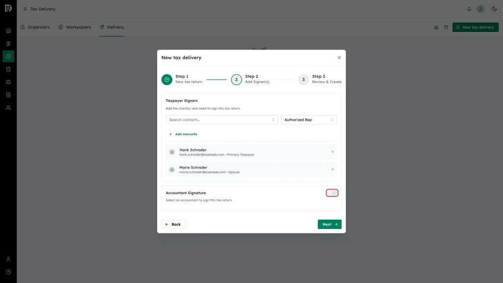 The Accountant Signature toggle highlighted below the list of added signers