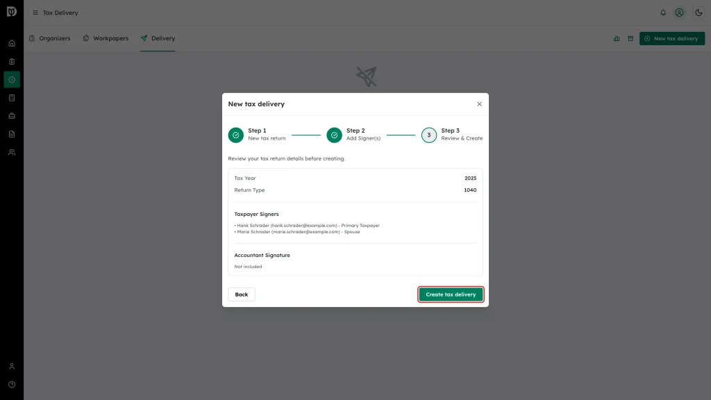 The Create tax delivery button highlighted on the review step