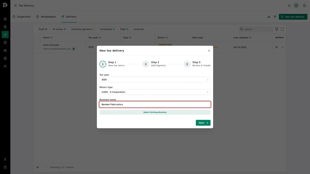 The Business name field highlighted after choosing the 1120S return type