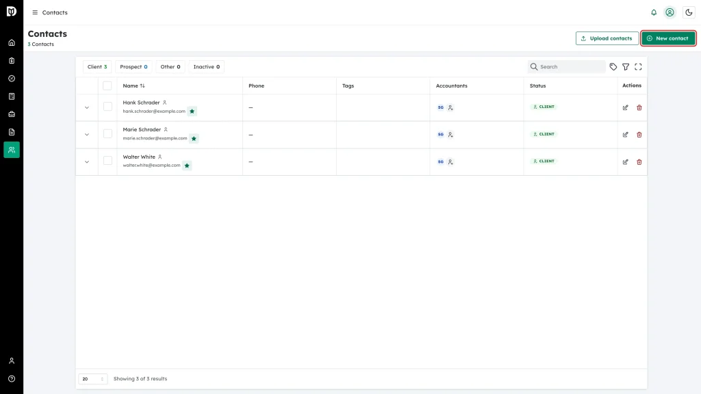 The New contact button highlighted at the top right of the Contacts page