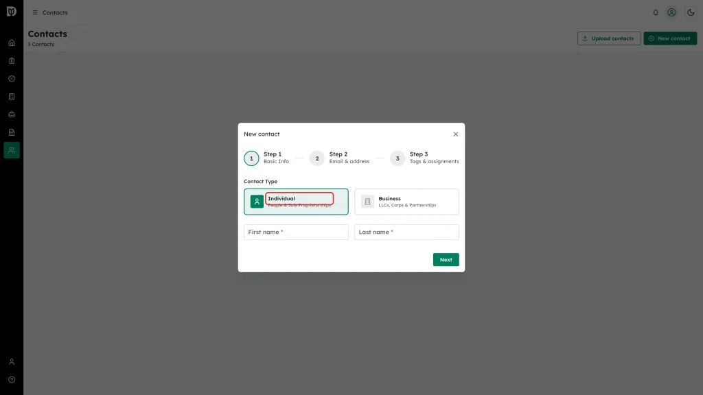 The Individual contact-type card highlighted in the New contact wizard