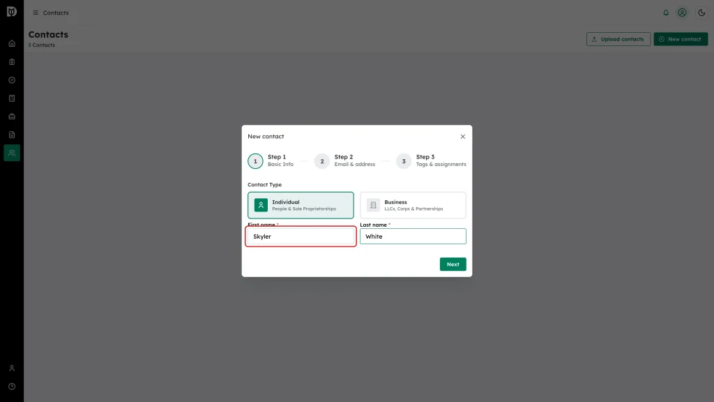 The First name field highlighted on Step 1 of the wizard