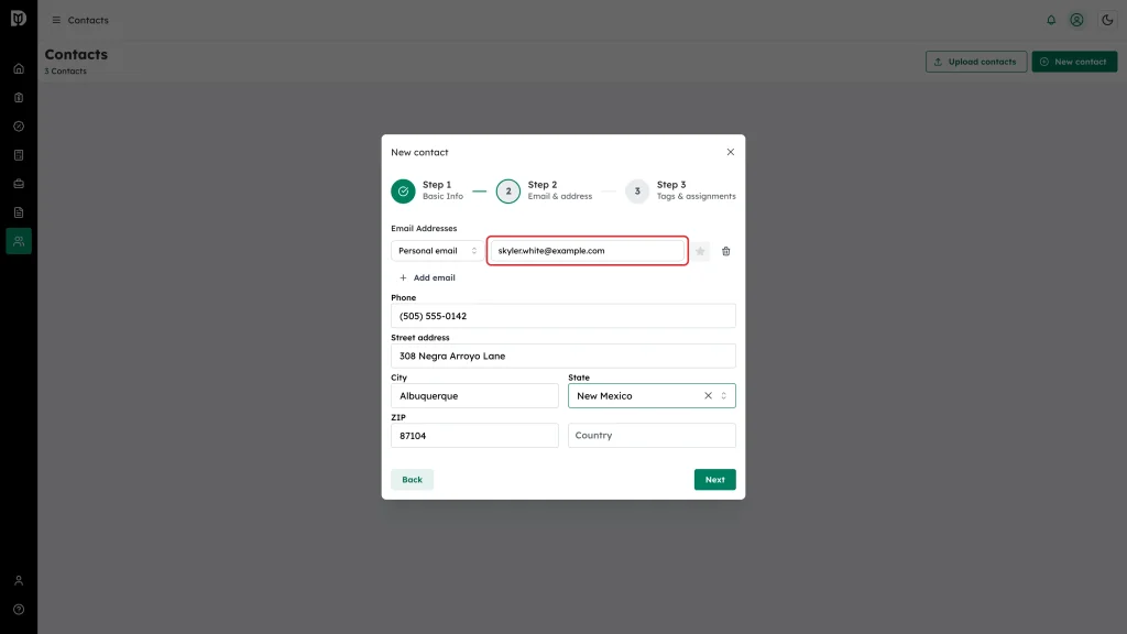 The email address field highlighted on Step 2, with phone and address fields below