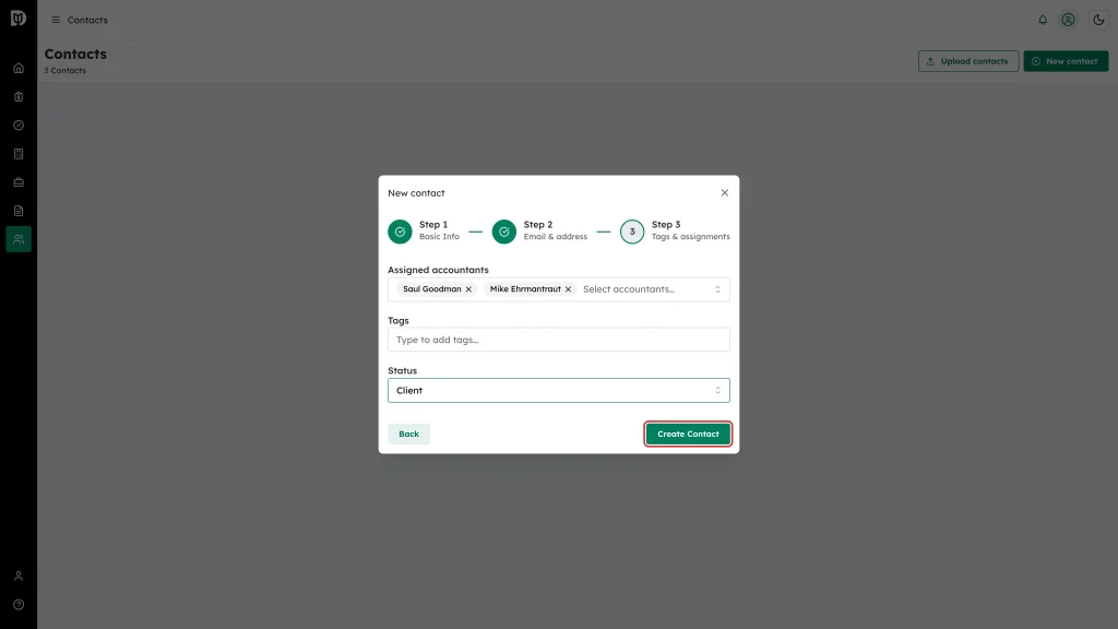 The Create Contact button highlighted on Step 3, with assigned accountants and status filled in