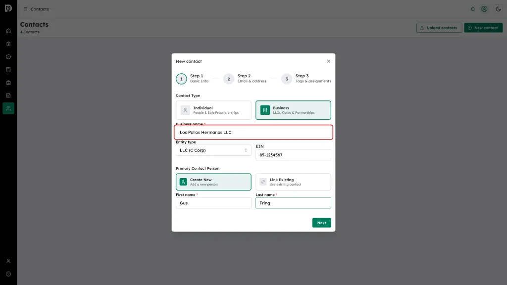 The Business name field highlighted on the business version of Step 1, with entity type, EIN, and primary contact person below