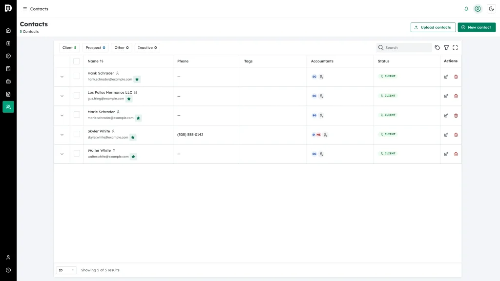 The Contacts list showing the newly created individual and business contacts with status badges and accountant avatars