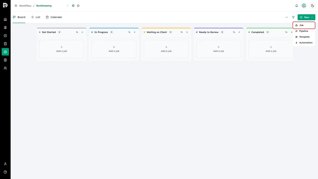 Job menu item highlighted in the New menu