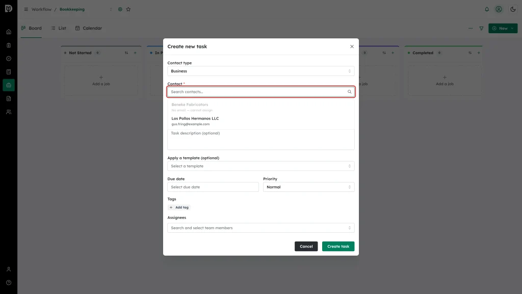 Contact search field highlighted in the Create new task window