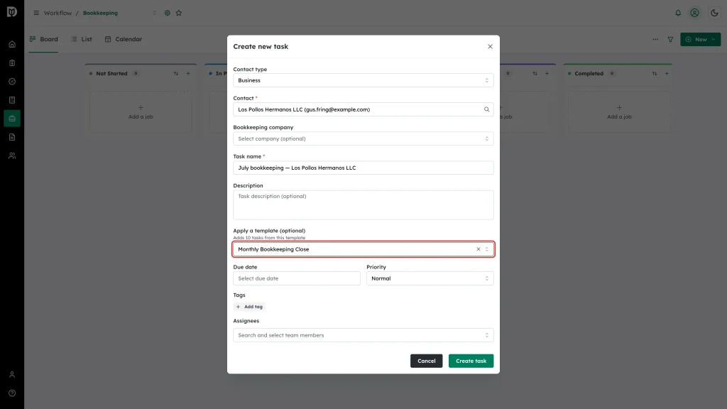 Apply a template field highlighted with a template selected