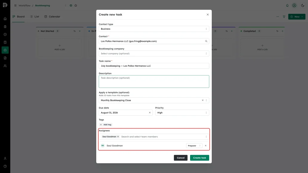 Assignees section highlighted with Saul Goodman added as Preparer