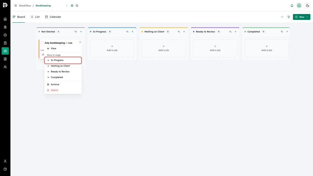 In Progress highlighted under Move to stage in the card menu